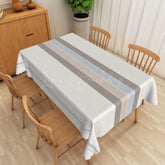 Lofaris Modern Stripe Rectangle Tablecloth in Blue Grey and White for Coastal Contemporary Kitchen Decor